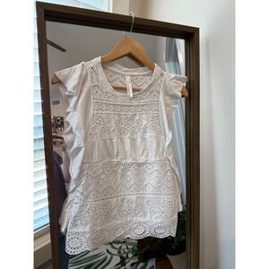 Anthropologie White Eyelet Ruffle Sleeve Tank Top Women's XS